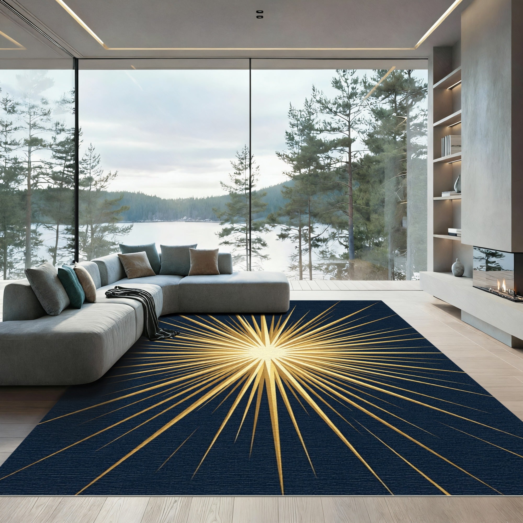 Radiant Golden Starburst Navy Rug