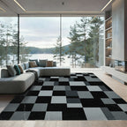 Modern Charcoal Black Pixel Geometric Grid Rug