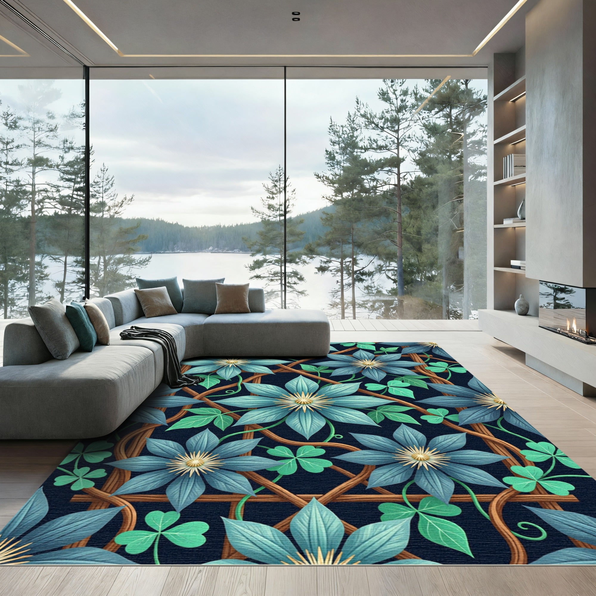 Azure Clematis Trellis Botanical Art Rug
