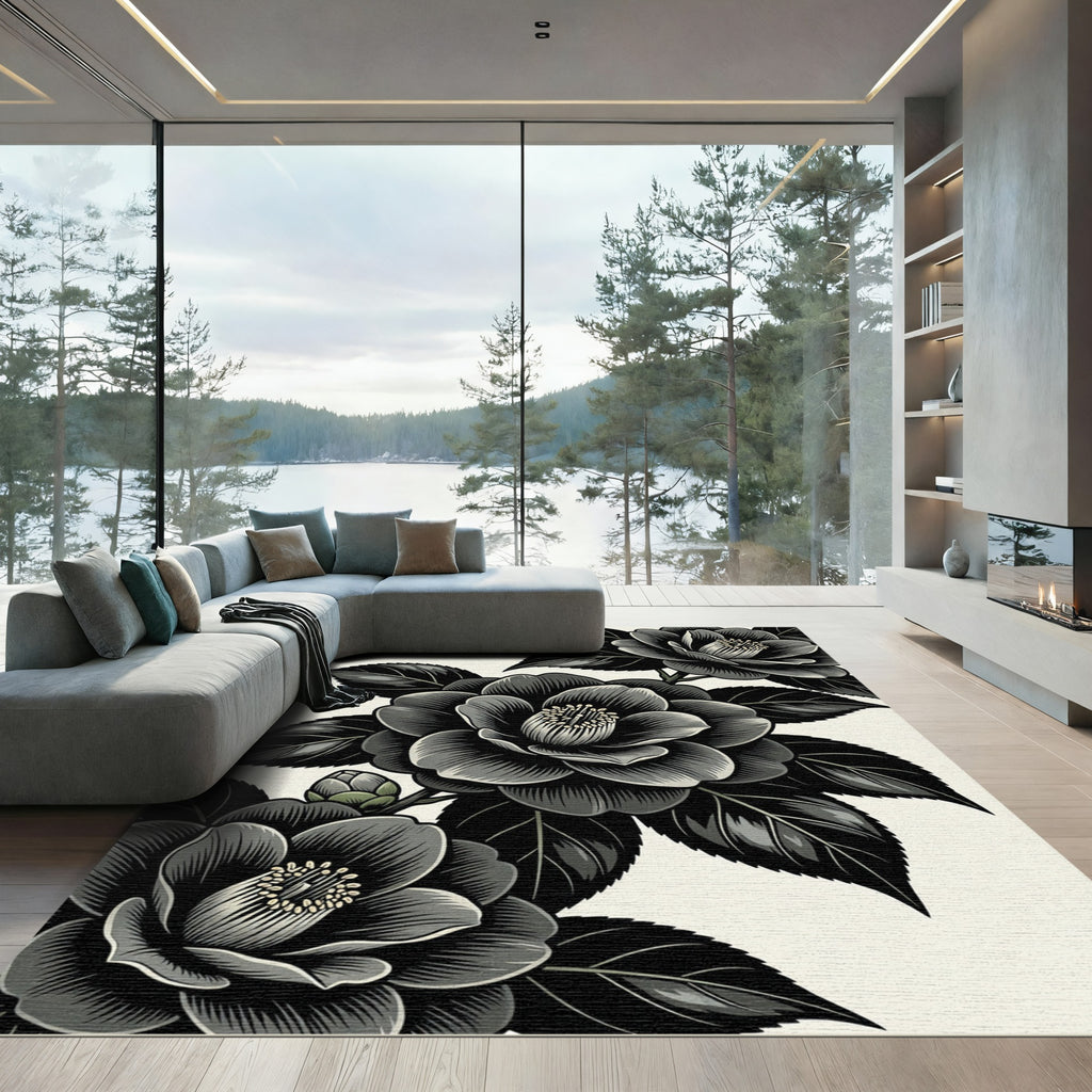 Monochromatic Botanical Camellia Floral Branch Rug