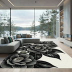 Monochromatic Botanical Camellia Floral Branch Rug