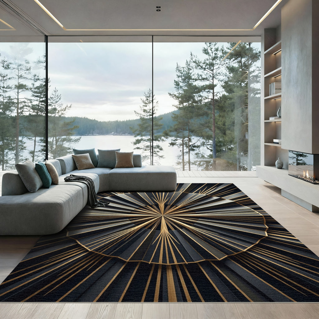 Dramatic Black Gold Art Deco Sunburst Rug