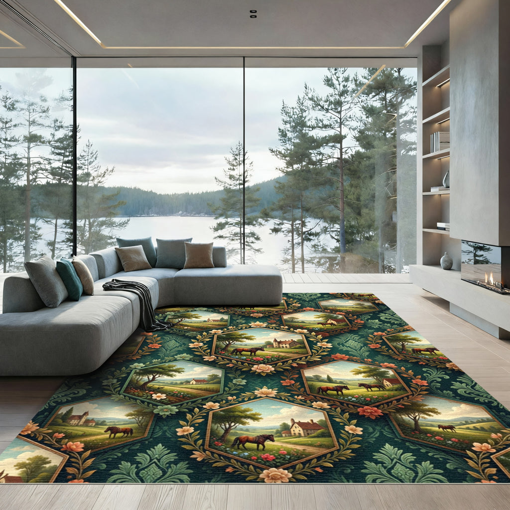 Emerald Hexagonal Countryside Horse Landscape Rug