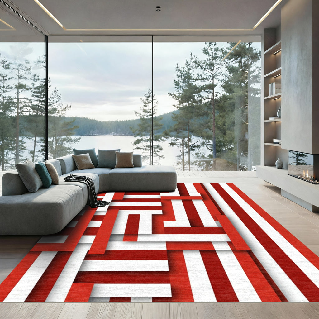 Red White Interlocking Stripe Arrangement Rug