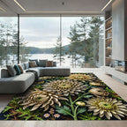 Golden Chrysanthemum Floral Botanical Illustration Rug