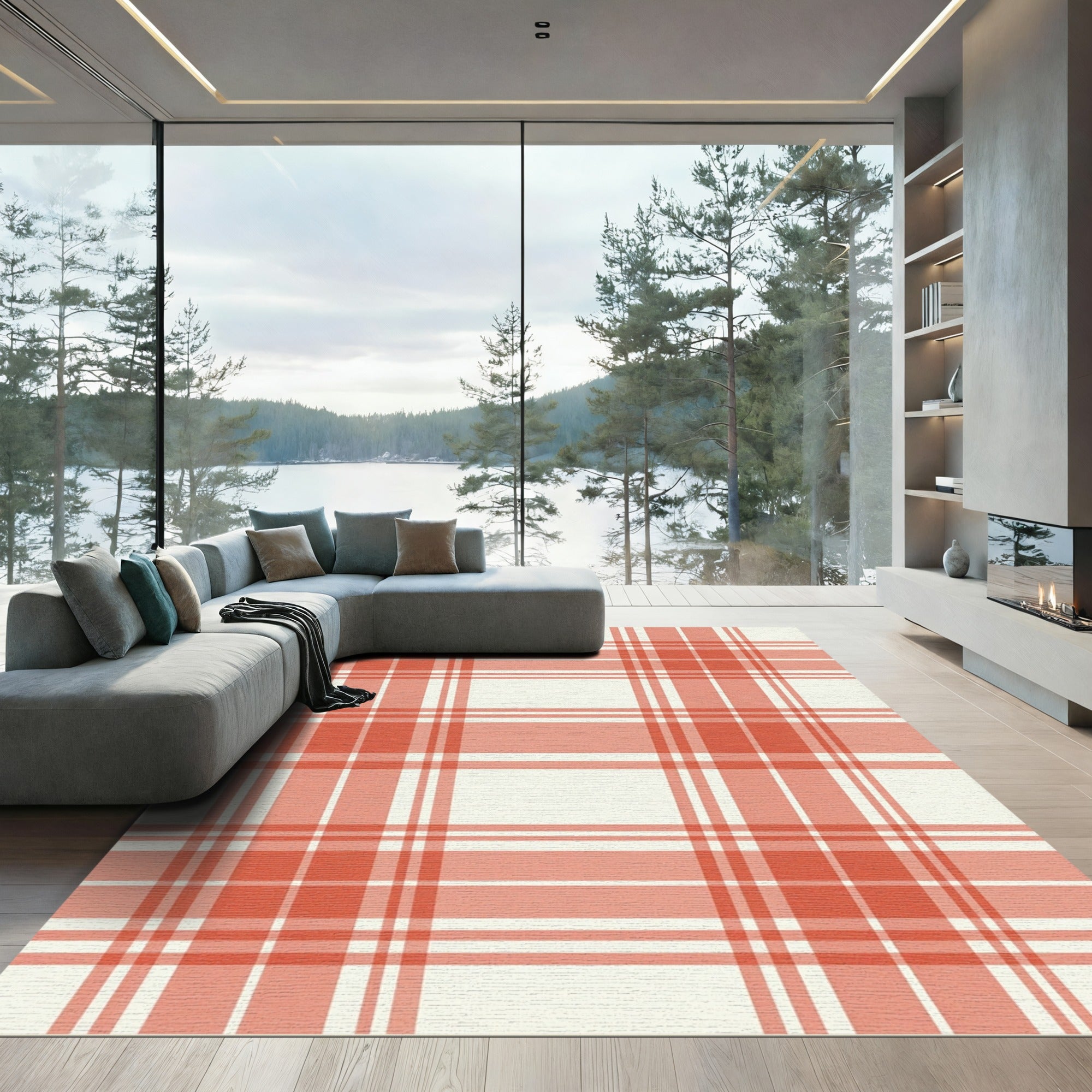 Coral Red White Tartan Plaid Rug