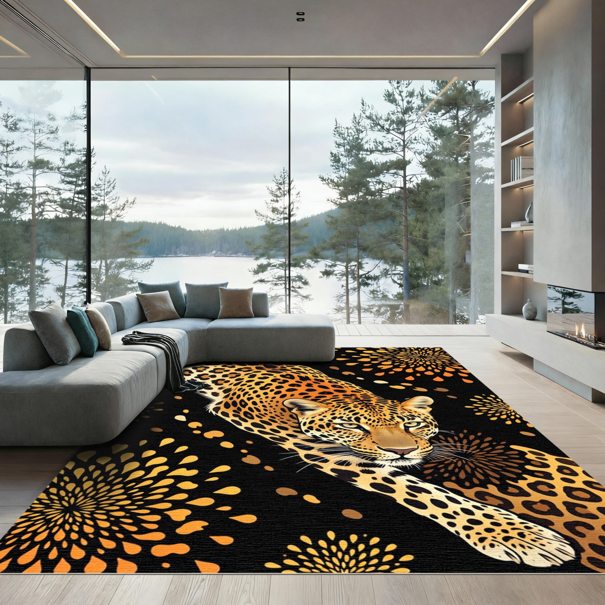 Golden Leopard Firework Splatter Rug