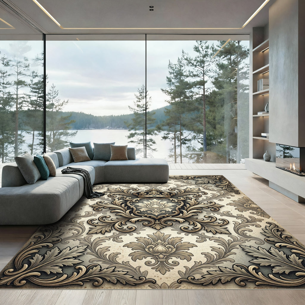 Elegant Gold Damask Crown Crest Rug