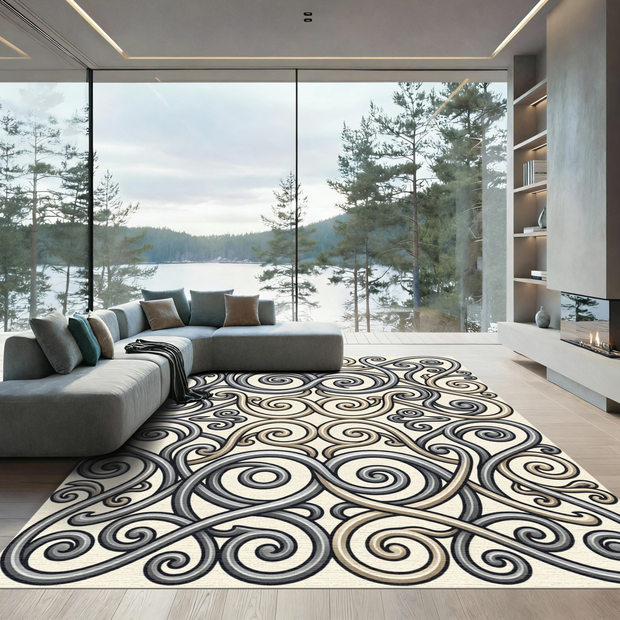 Ornate Gray Beige Scrollwork Rug