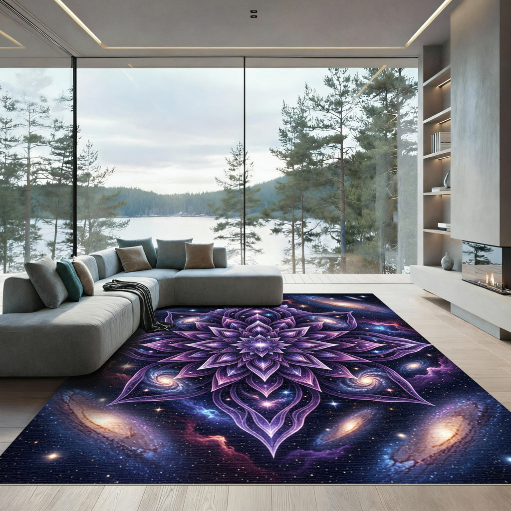 Cosmic Violet Celestial Lotus Mandala Rug
