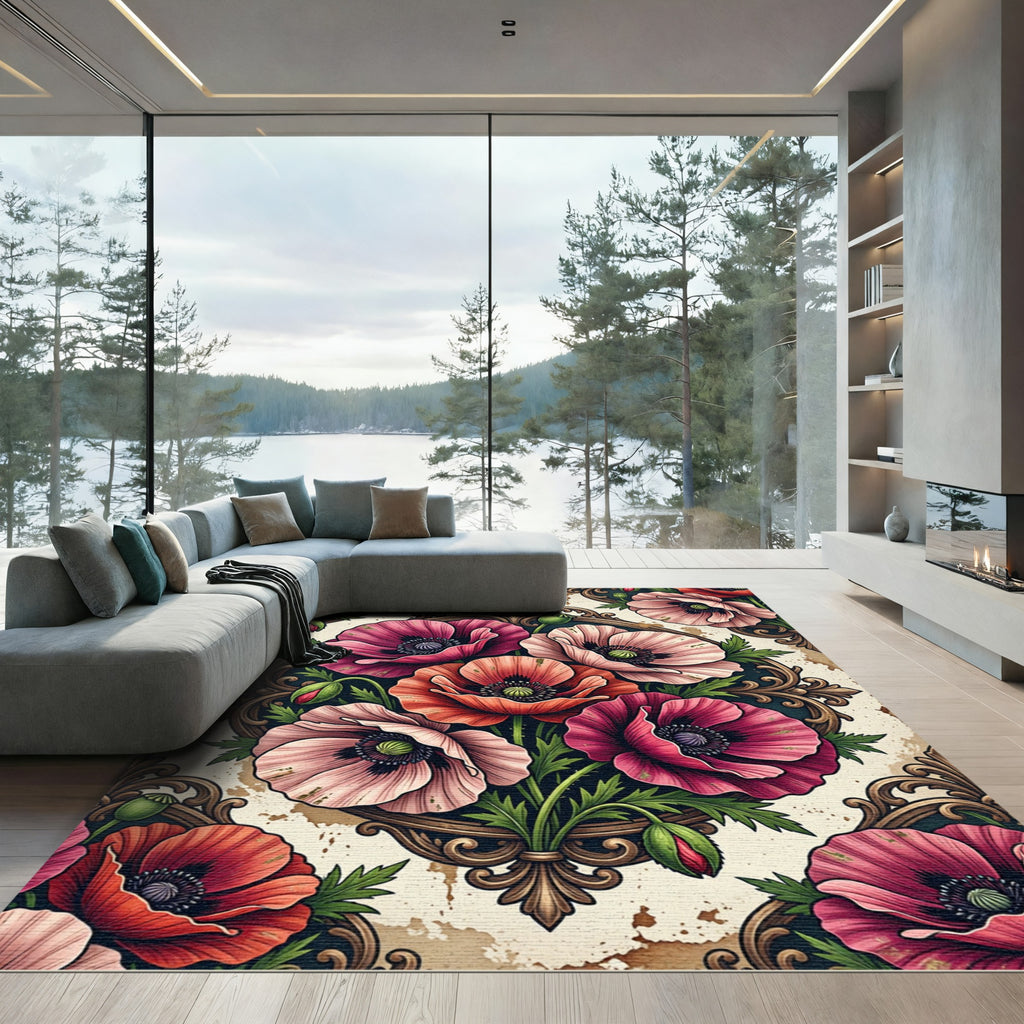 Elegant Poppy Floral Baroque Medallion Rug