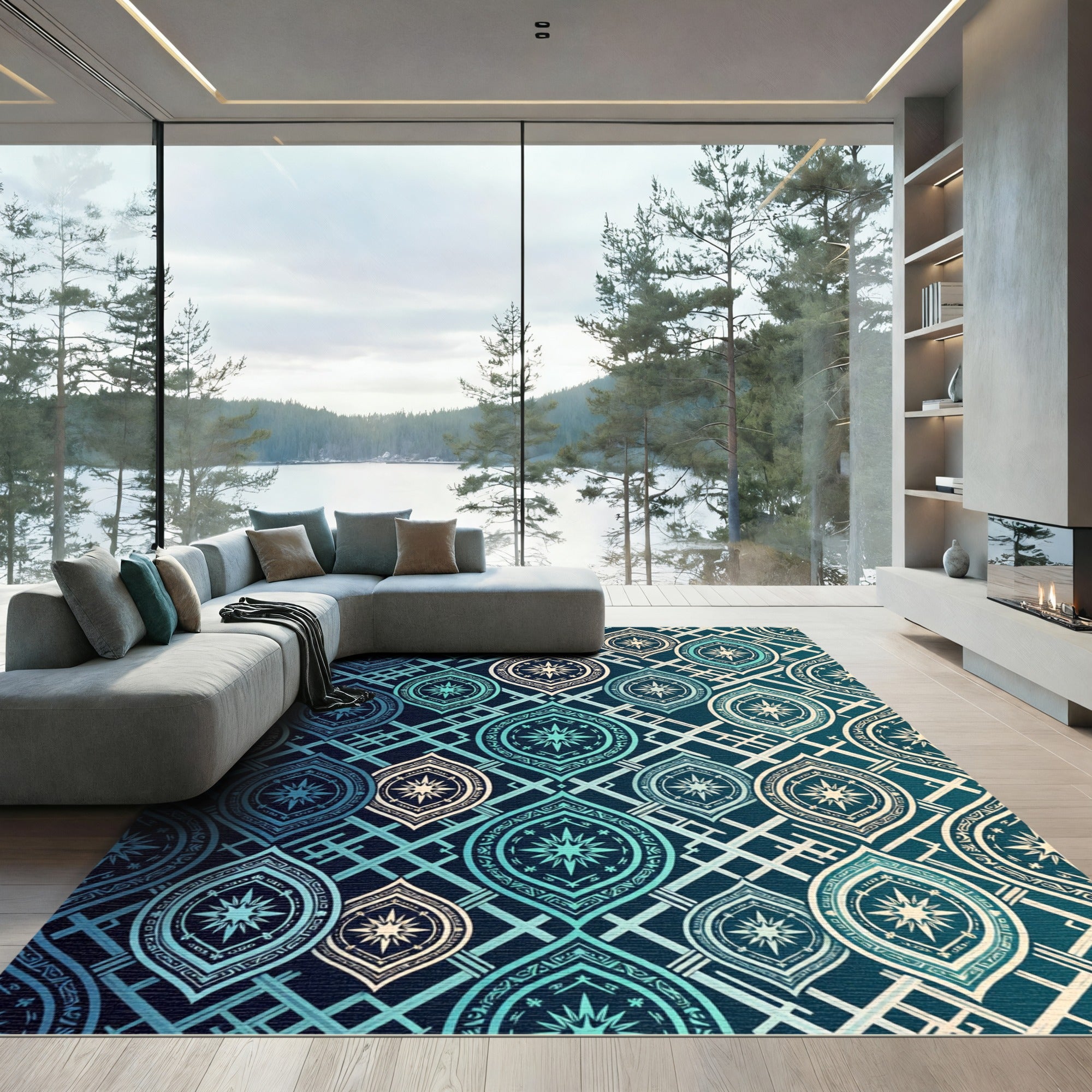 Celestial Teal Geometric Star Medallion Rug