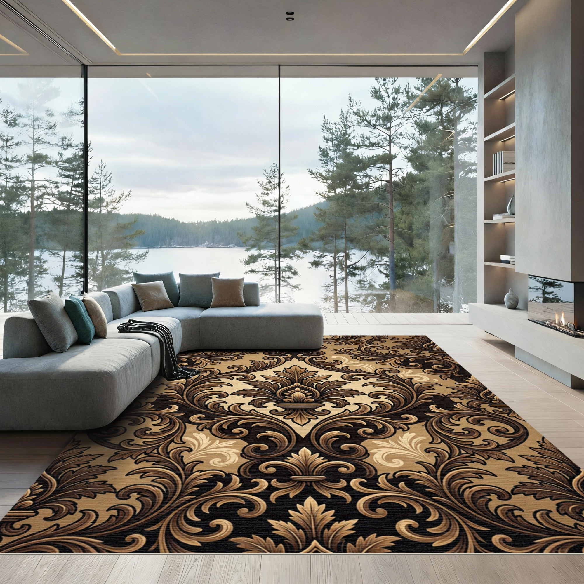 Ornate Brown Golden Damask Swirls Rug