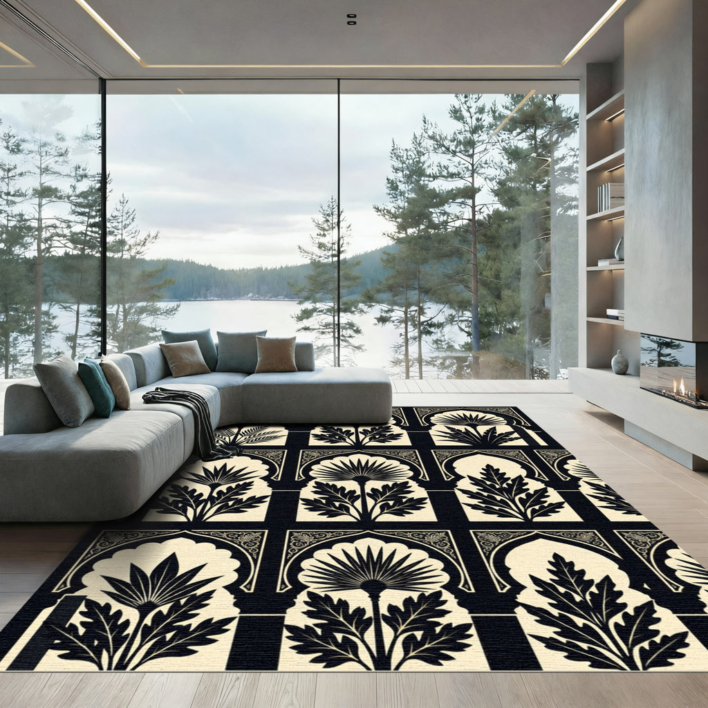 Monochromatic Botanical Archway Ink Black Cream Rug
