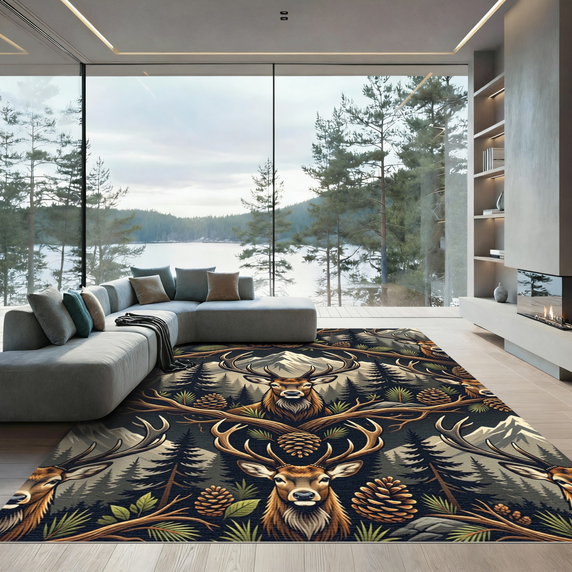 Rustic Mountain Stag Forest Woodland Rug