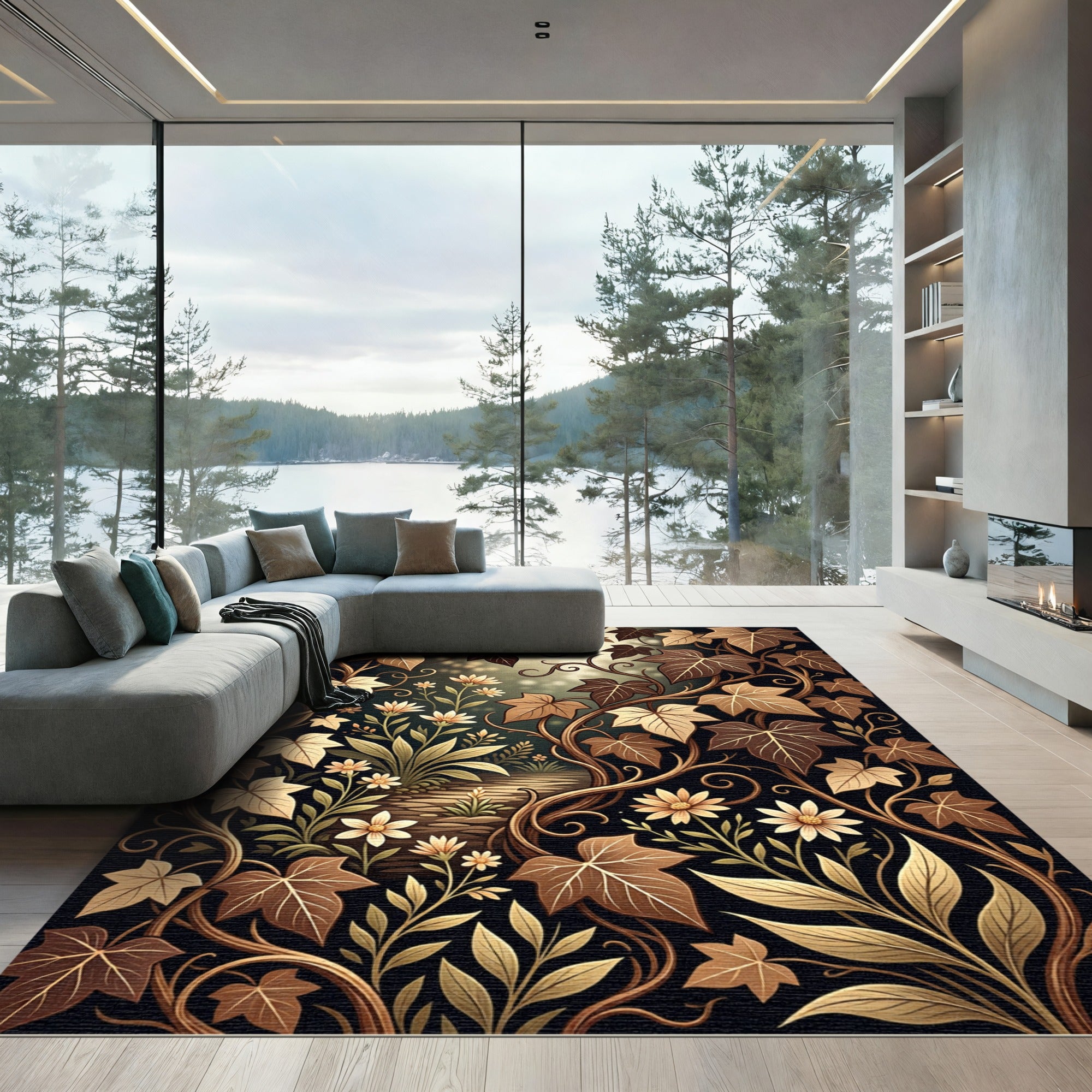 Golden Earth Toned Floral Vine Rug