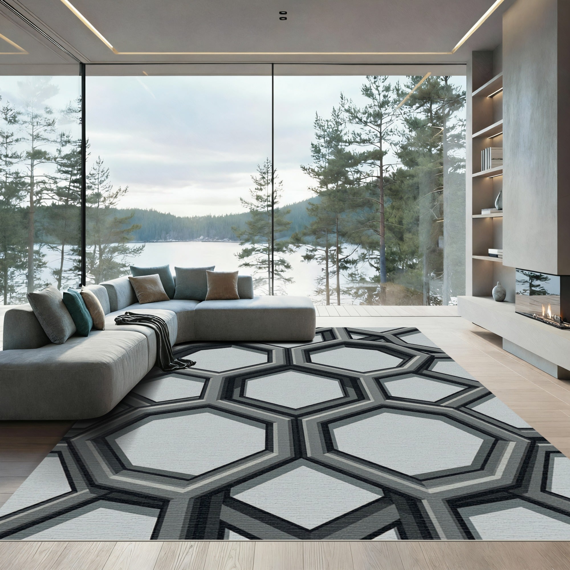Modern Sophisticated Gray Geometric Hexagon Rug