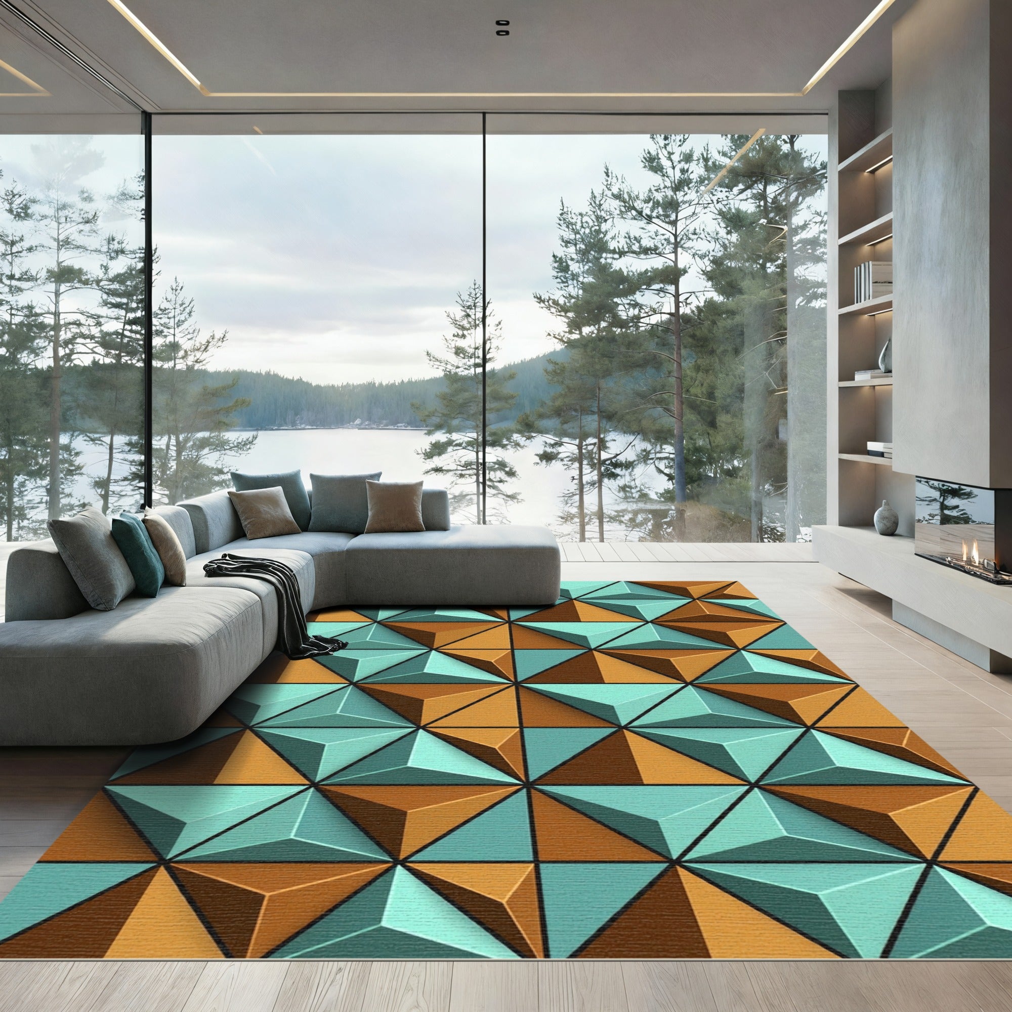Geometric Teal and Copper 3D Pyramid Rug