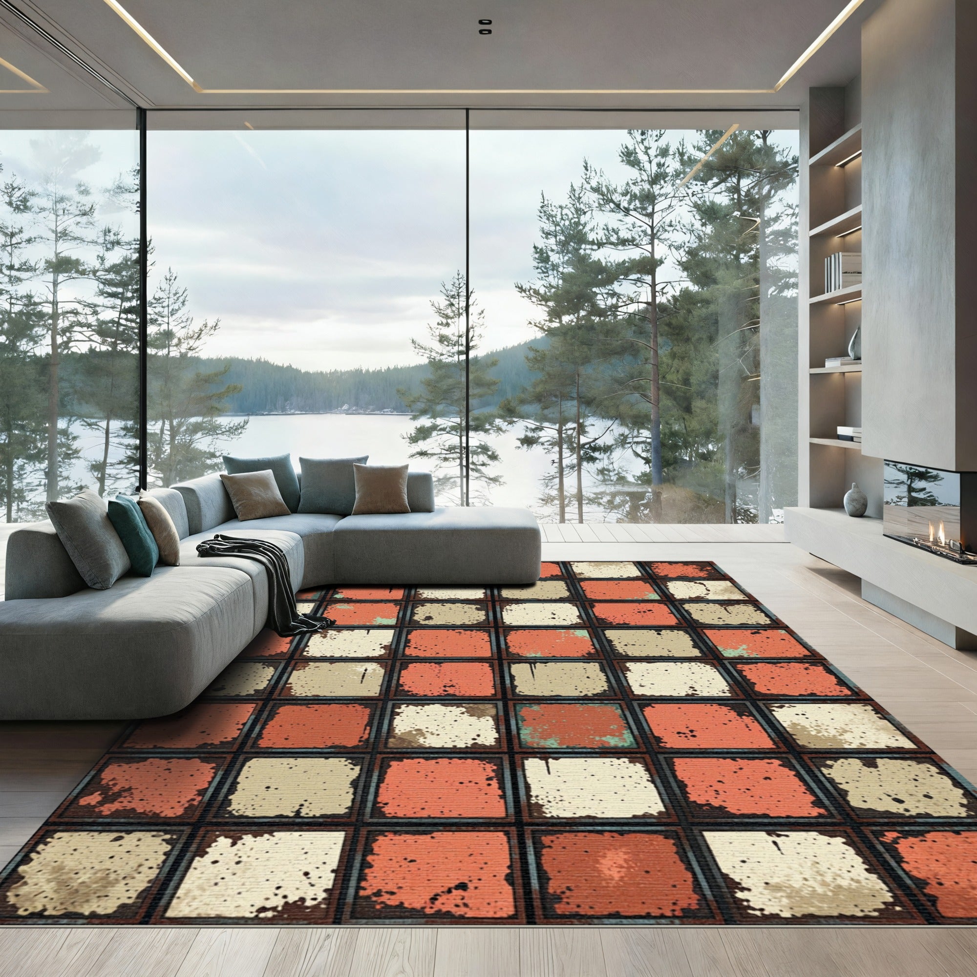 Distressed Terracotta and Cream Grid Rug