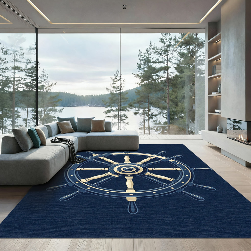 Timeless Navy Coastal Ship Wheel Illustration Rug