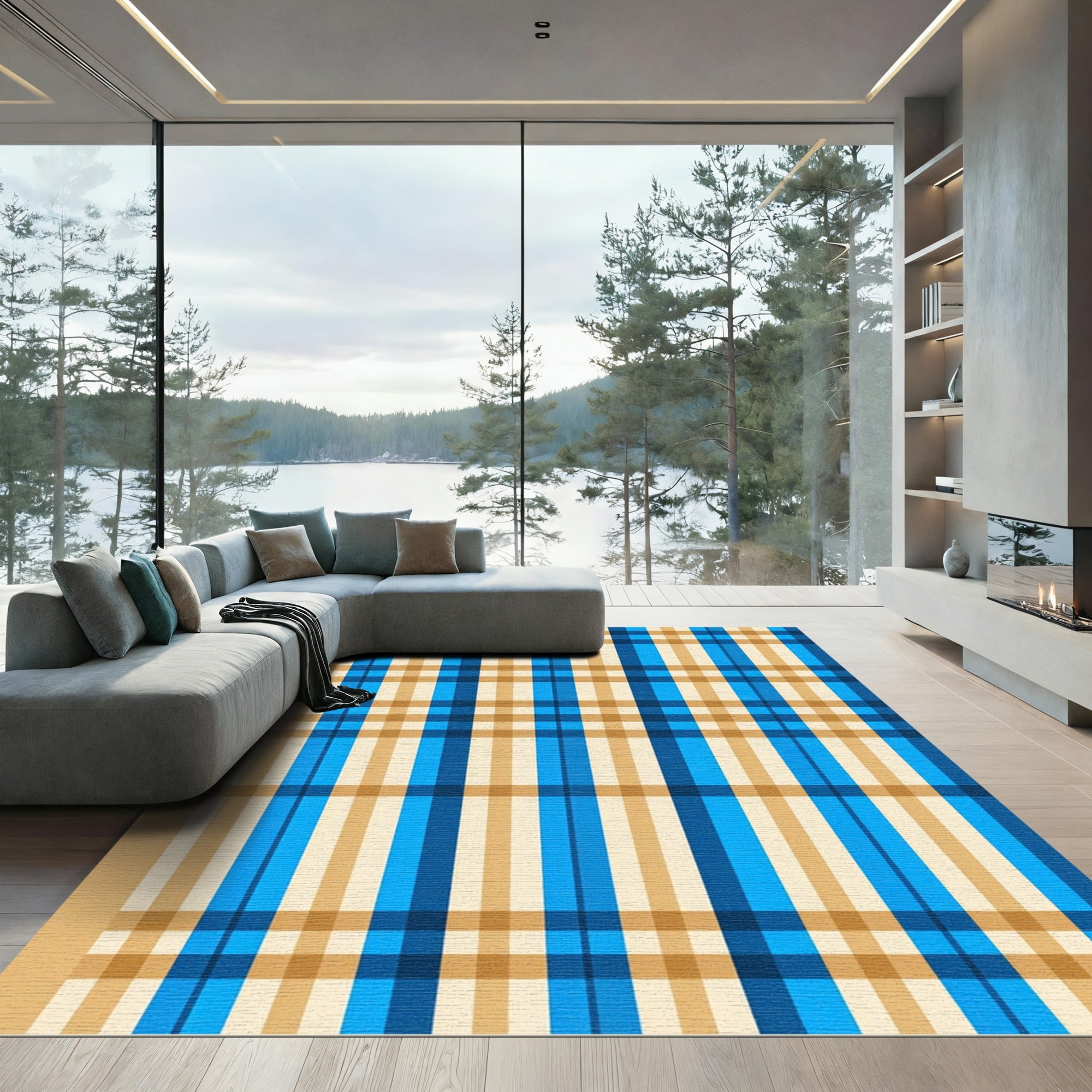 Modern Blue and Gold Plaid Grid Rug