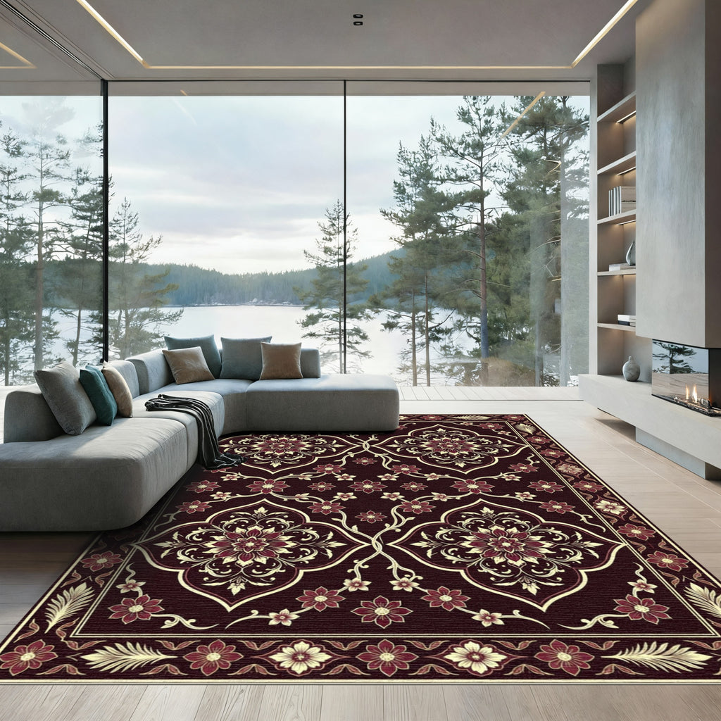 Dark Red Floral Medallion Lattice Rug