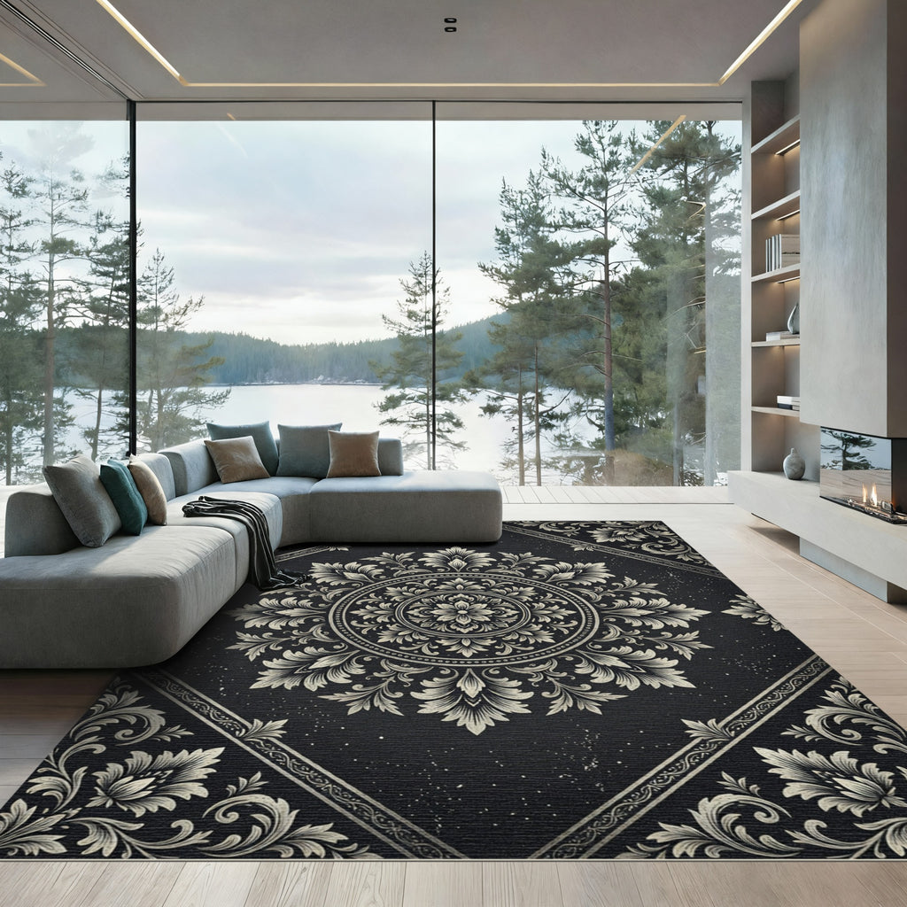 Ornate Black and White Floral Medallion Rug