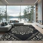Ornate Black and White Floral Medallion Rug