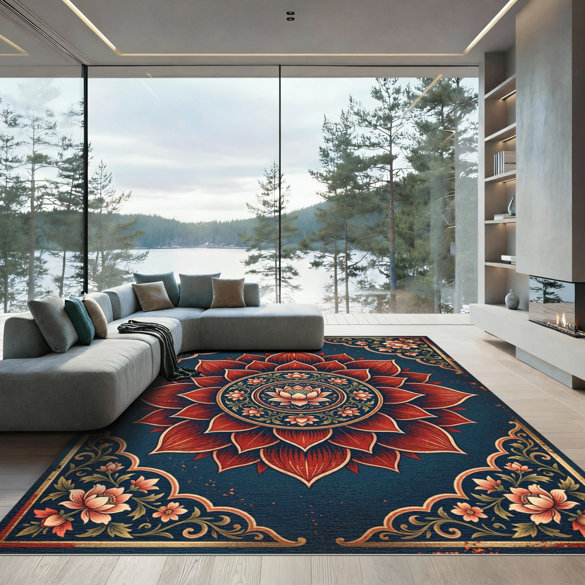 Ornate Deep Blue Red Lotus Medallion Rug