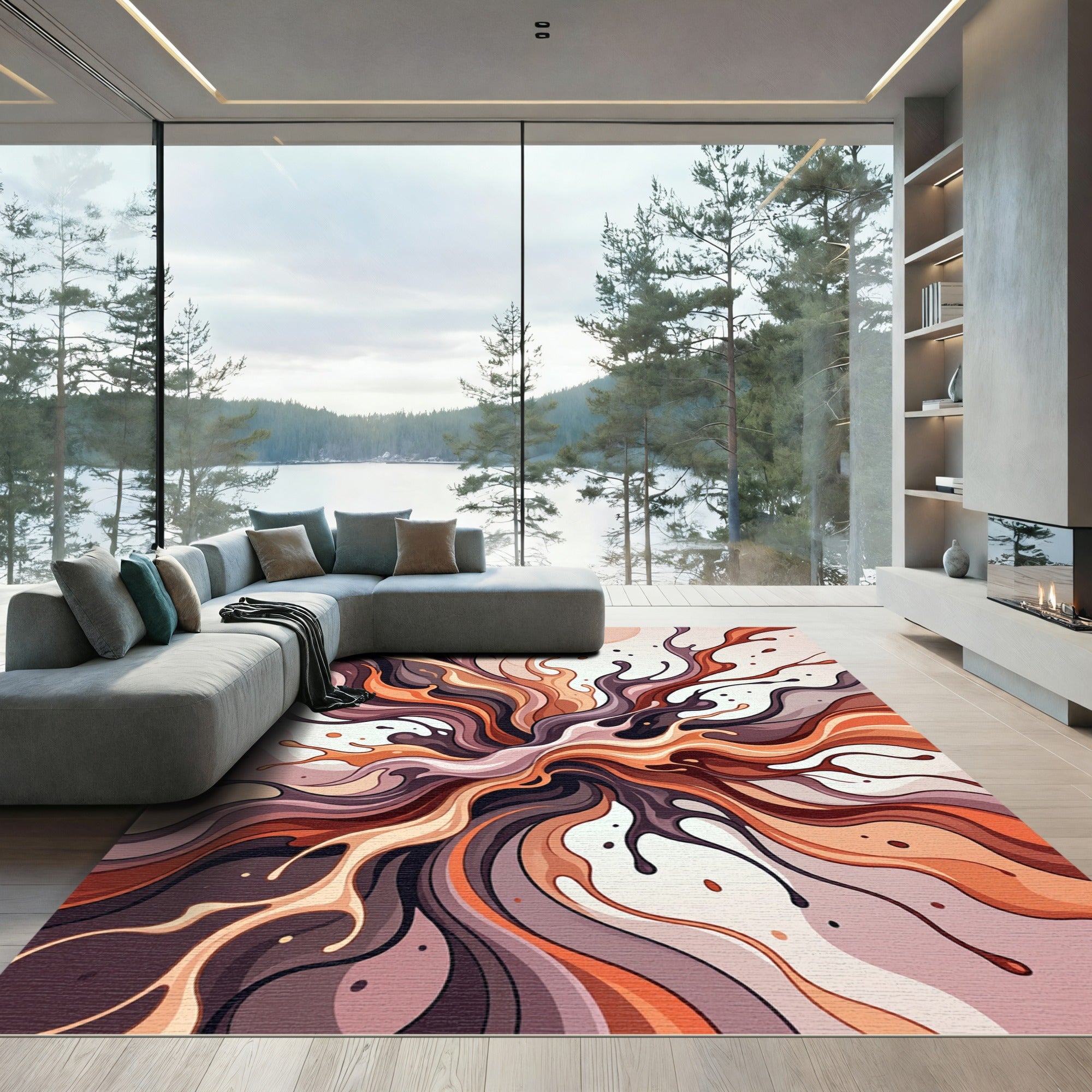 Abstract Fluid Terracotta Brown Swirl Rug