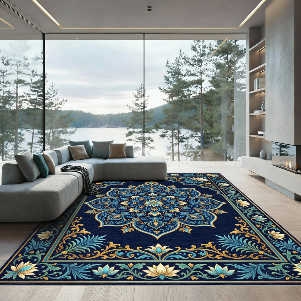 Deep Blue Golden Lotus Mandala Rug