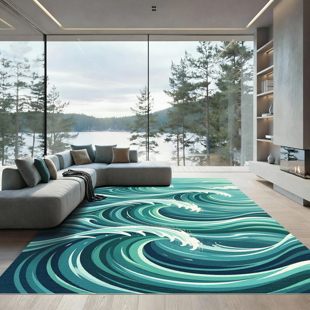 Dynamic Azure Ocean Wave Swirl Rug