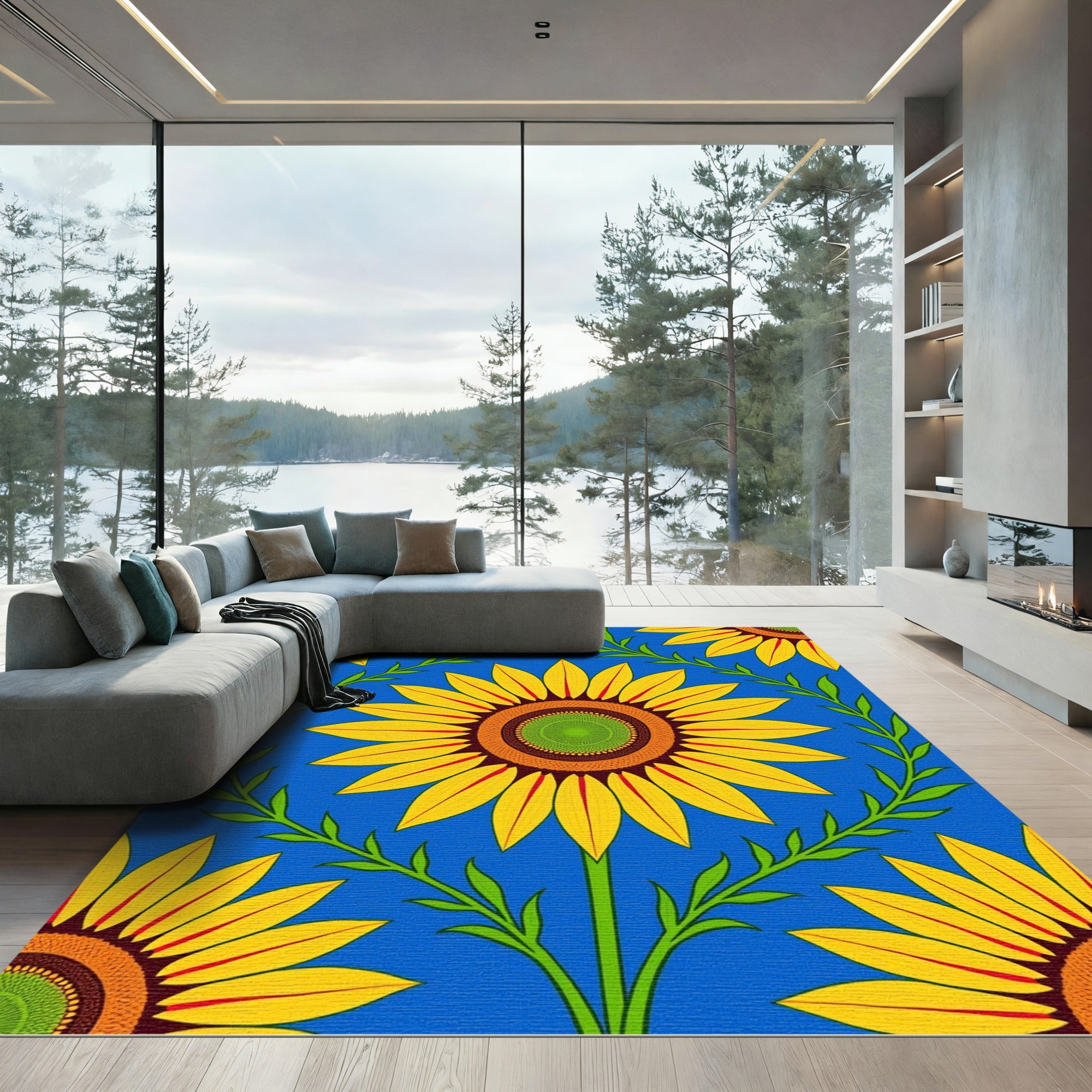 Golden Sunflowers With Green Vines Rug