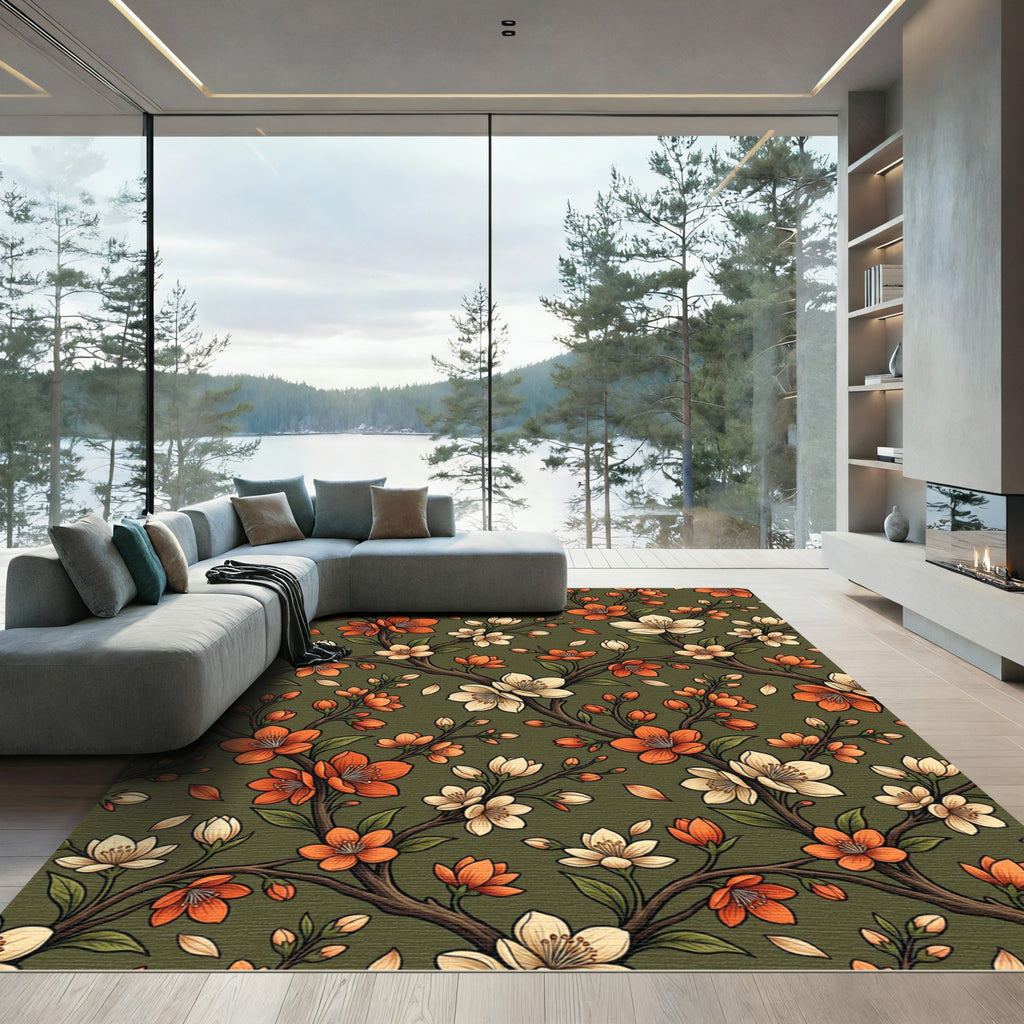 Vibrant Orange White Blossom Branches Rug