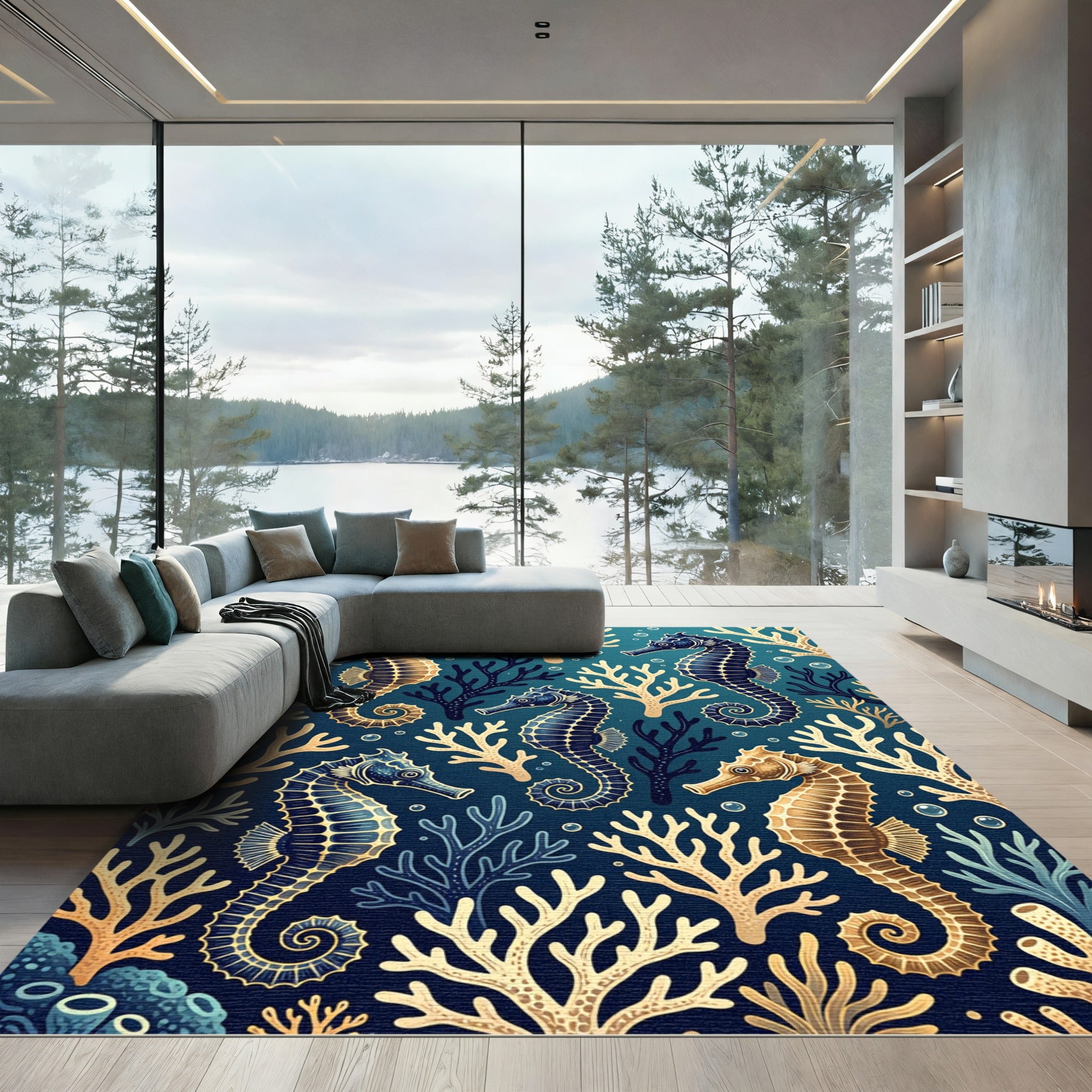Golden Seahorse Deep Sea Coral Reef Rug