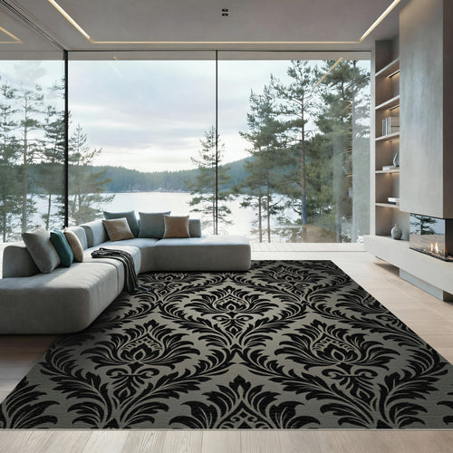 Black and Gray Damask Floral Rug