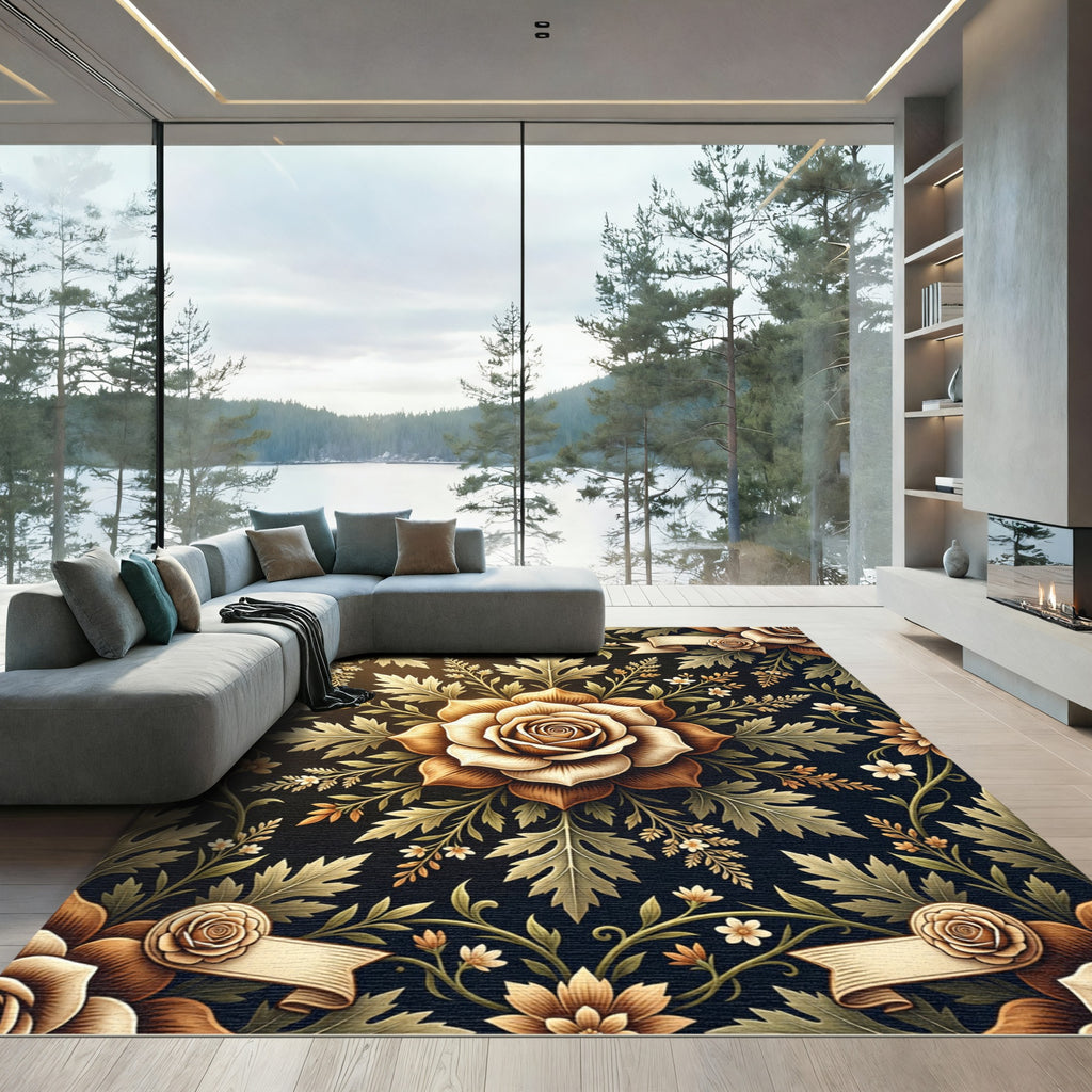 Vintage Golden Rose Botanical Scroll Rug
