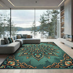 Elegant Teal Golden Floral Medallion Rug