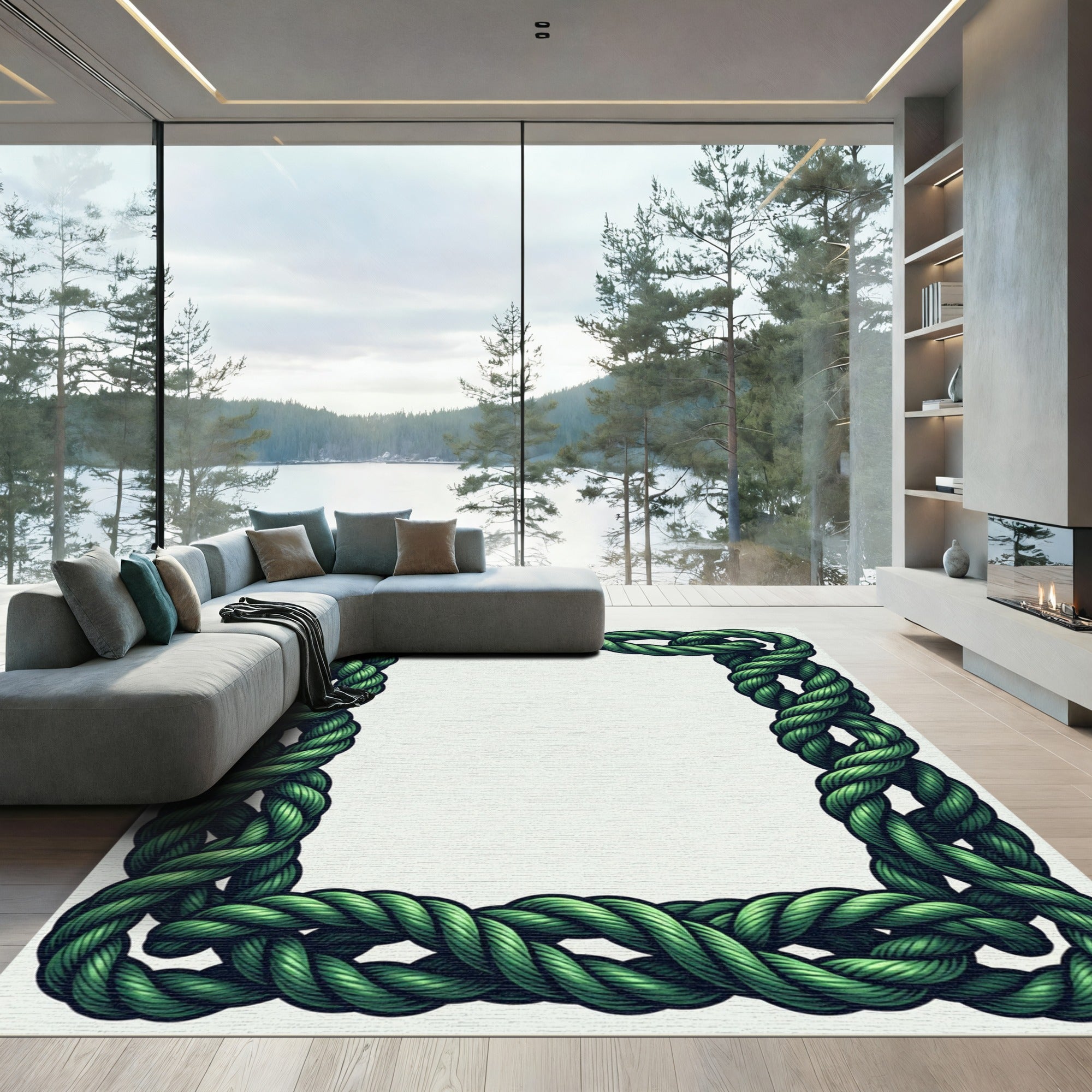 Green Braided Rope Border Rug