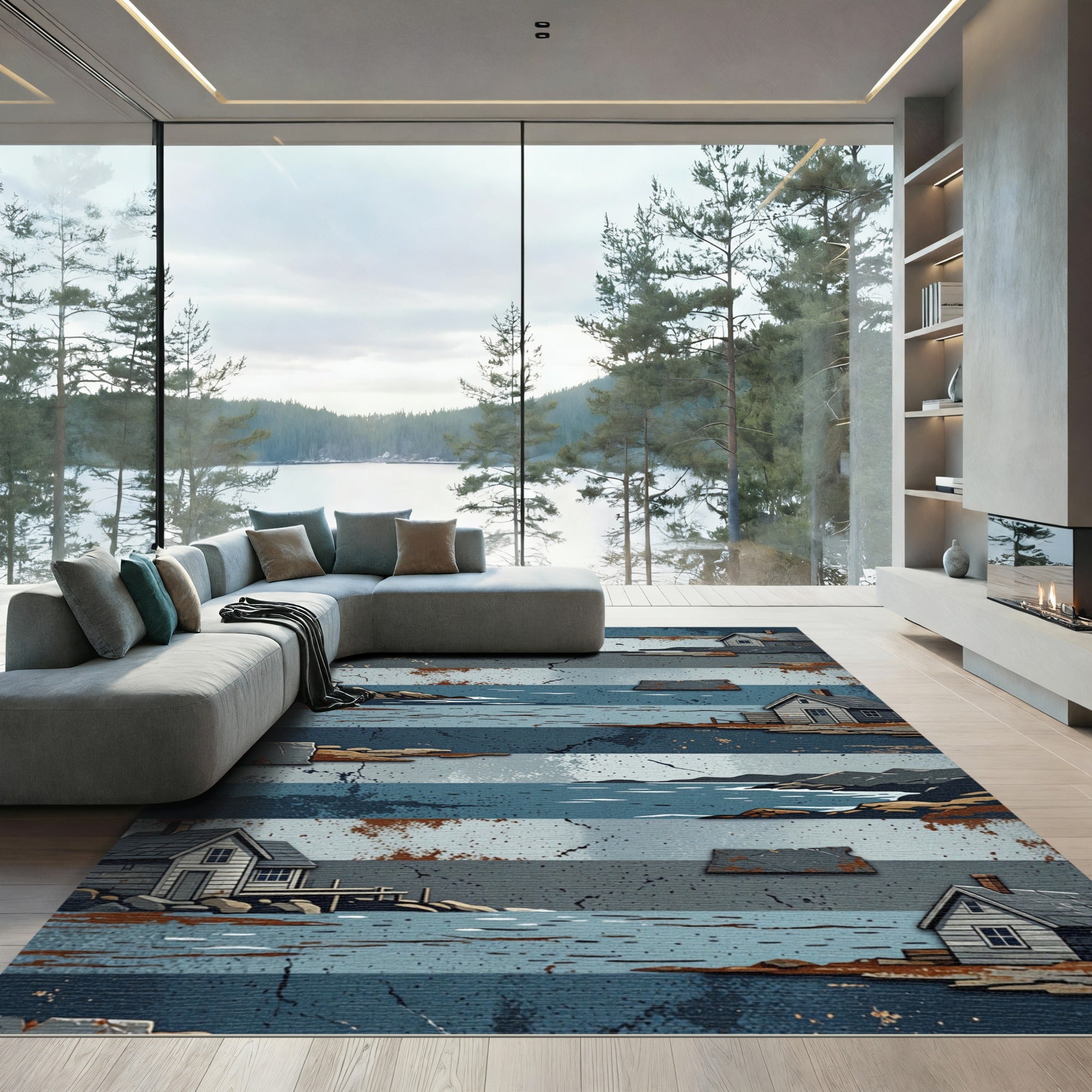 Rustic Coastal Cabin Striped Landscape Rug