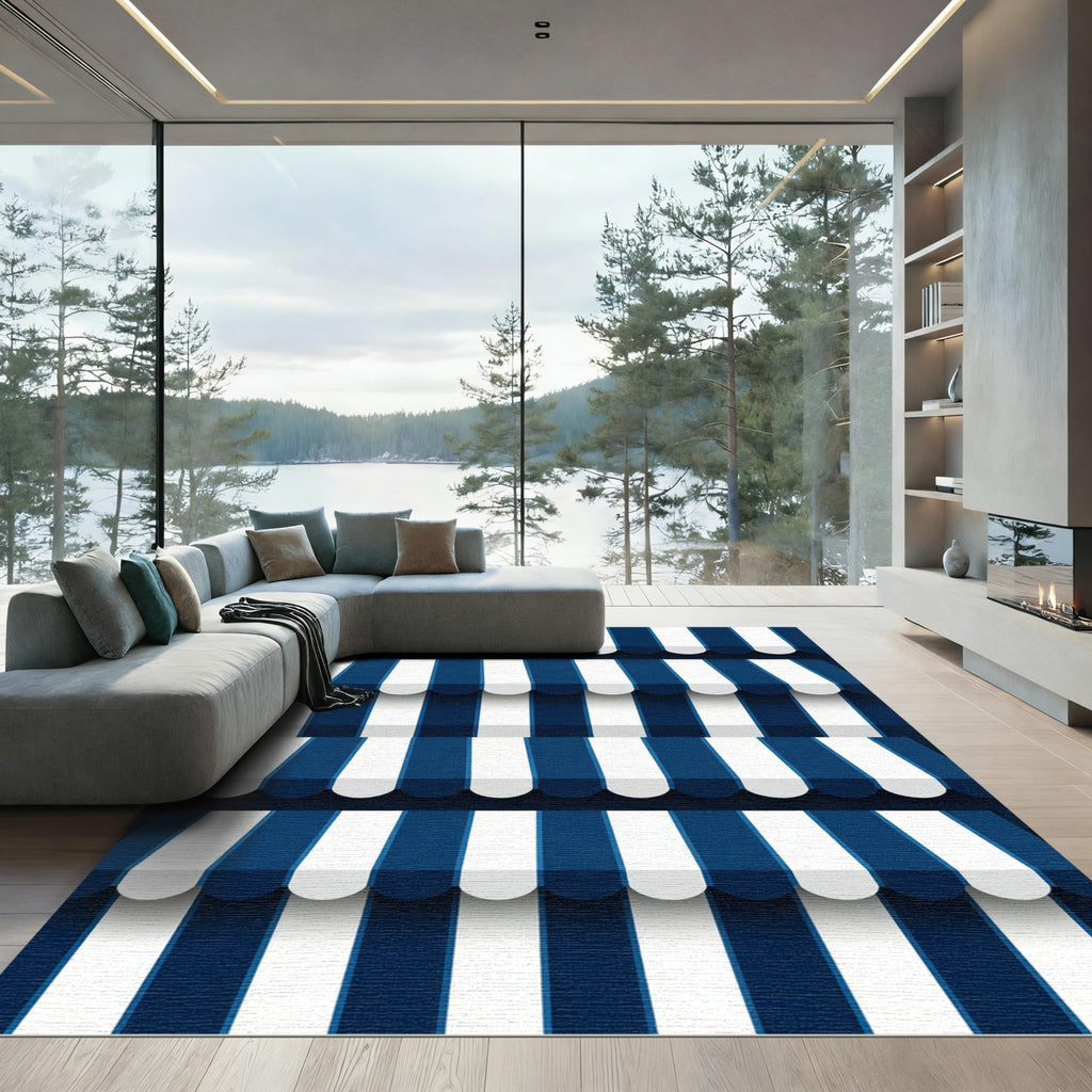 Navy Blue White Nautical Striped Awning Rug