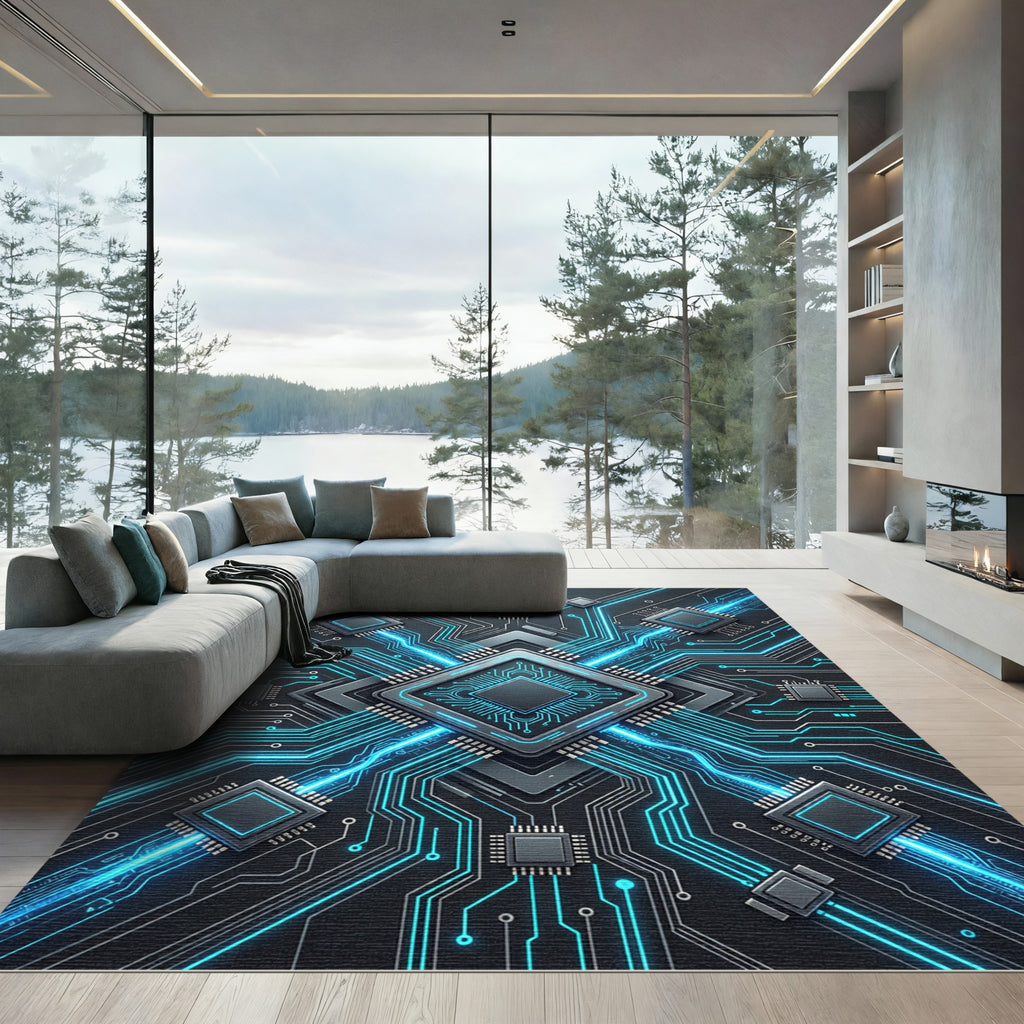 Futuristic Cyan Cyber Circuit Grid Rug