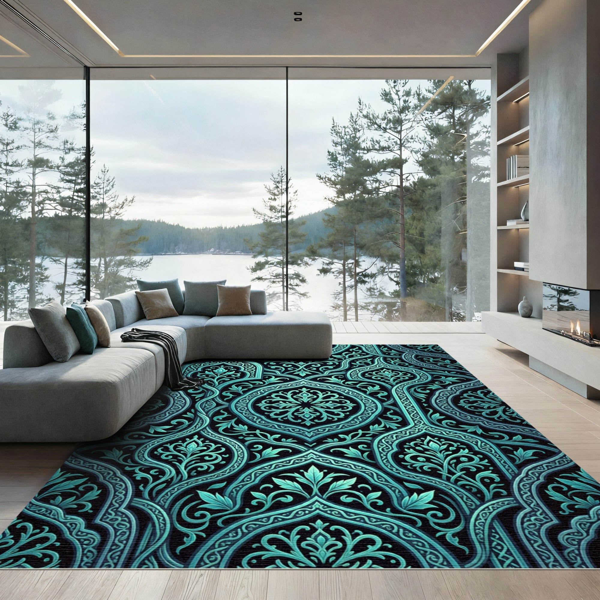 Turquoise Floral Archway Brocade Rug