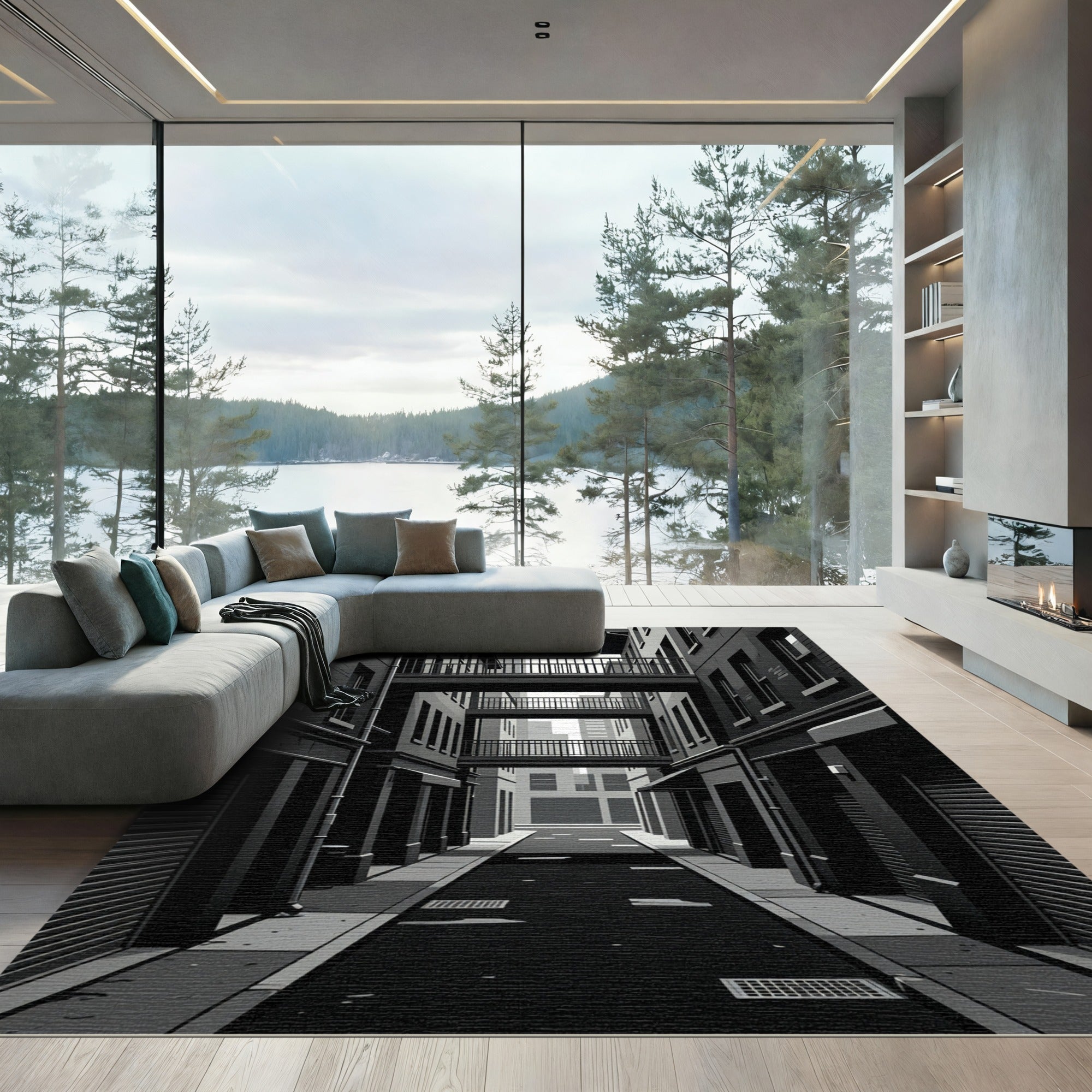 Monochromatic Cityscape Courtyard Aerial Bridge Rug