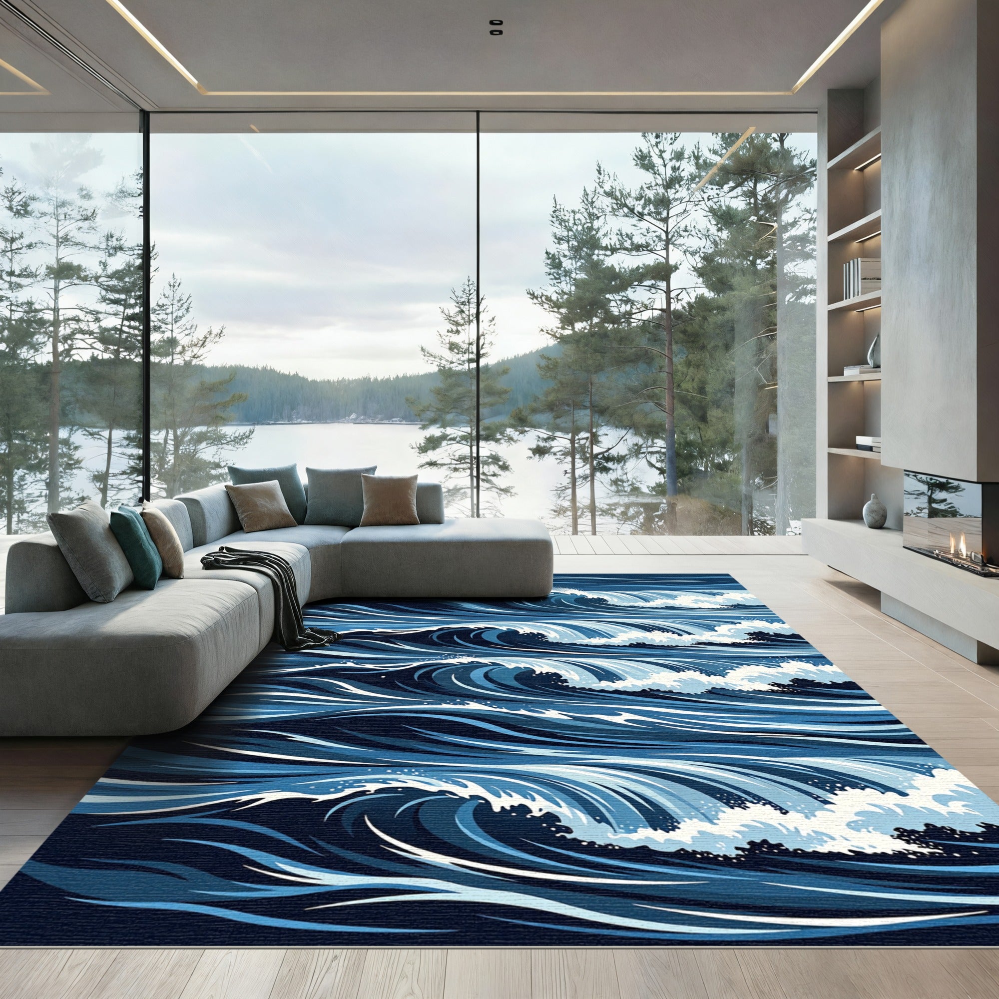 Deep Navy Minimalist Artistic Ocean Waves Rug