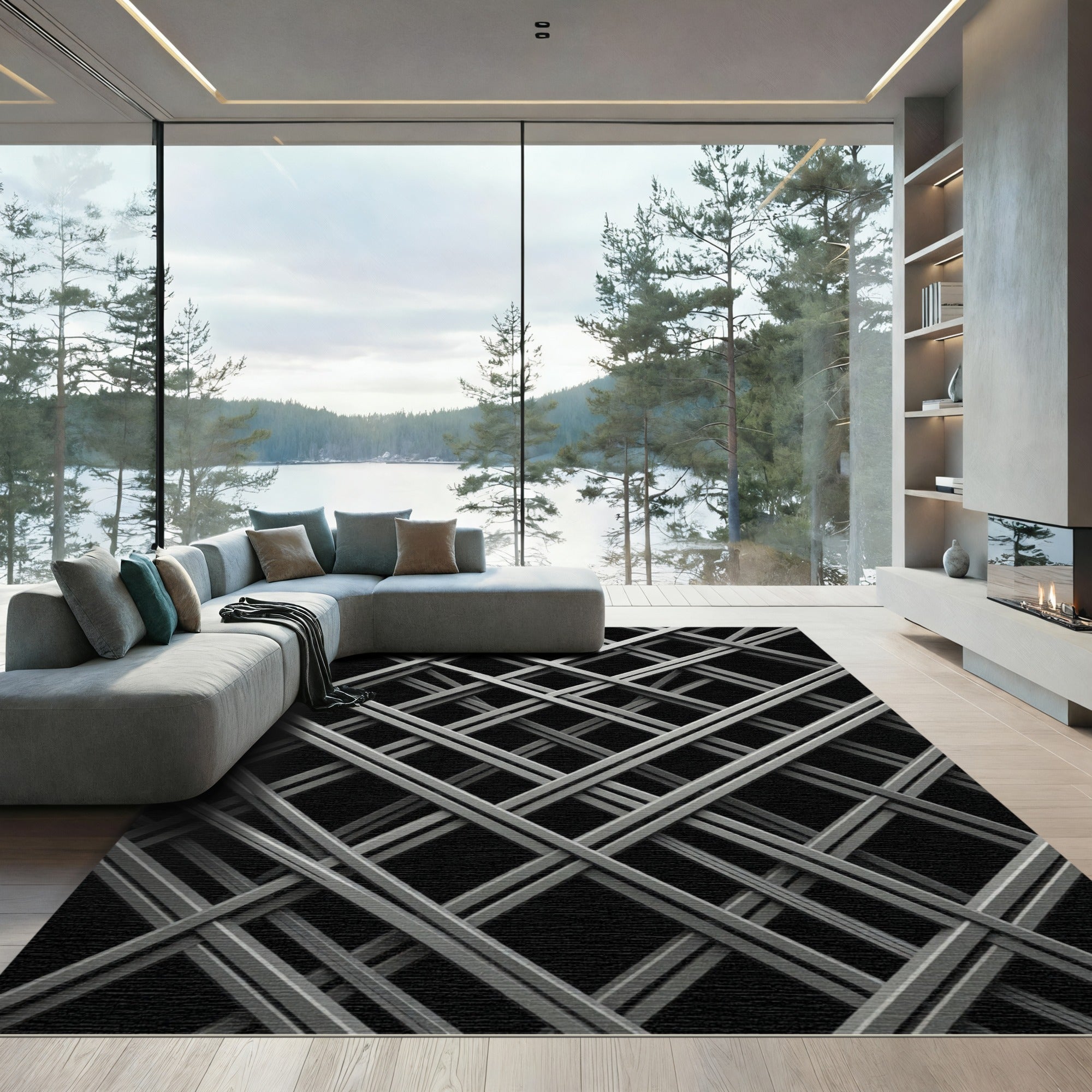 Monochrome Industrial Crossed Grid Rug