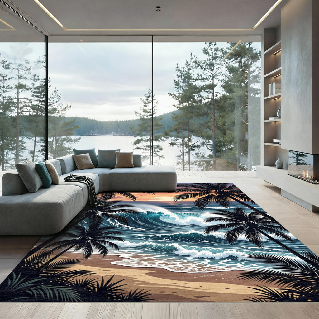 Tropical Sunset Palm Tree Ocean Wave Rug