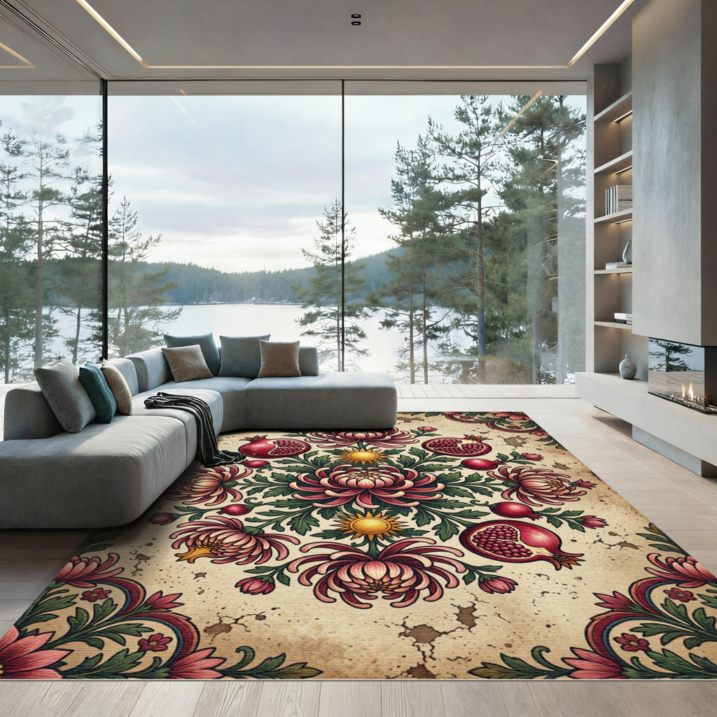 Vintage Pomegranate and Chrysanthemum Floral Medallion Rug