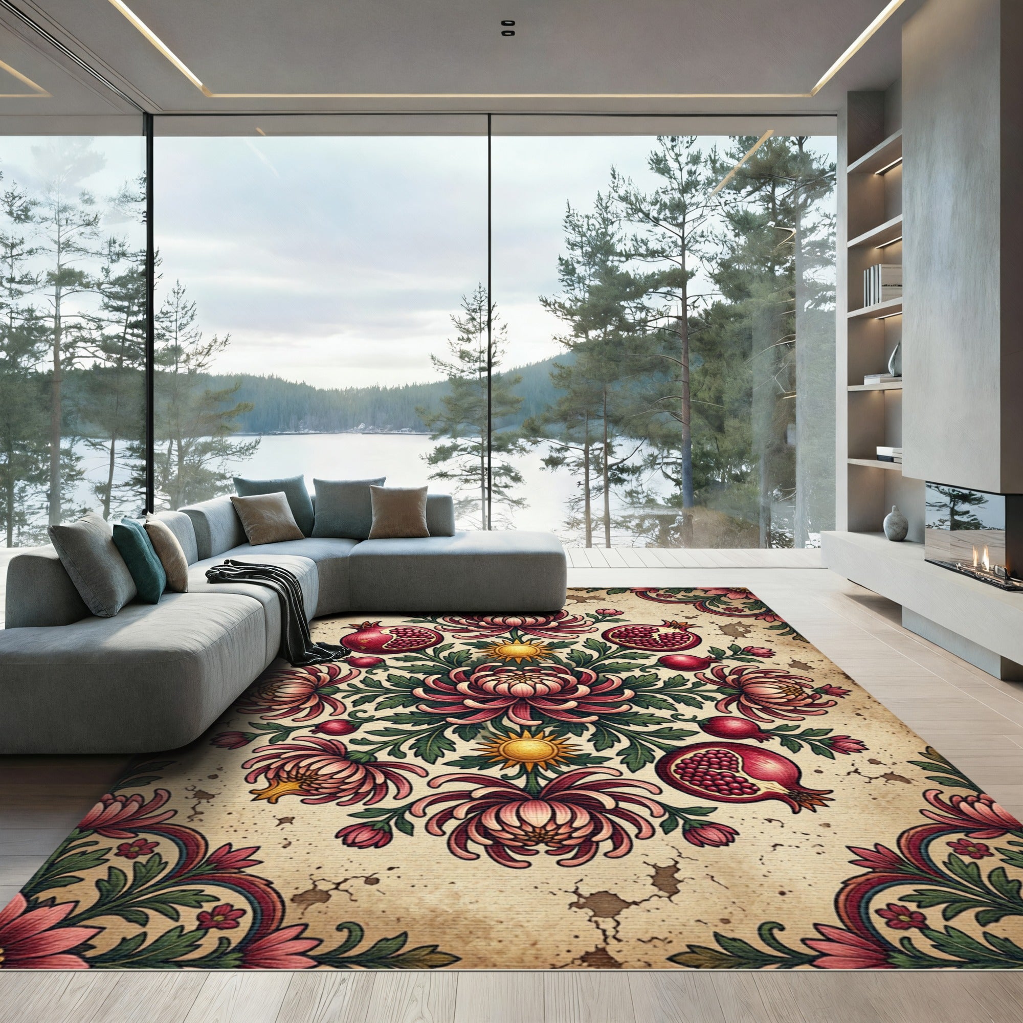 Vintage Pomegranate and Chrysanthemum Floral Medallion Rug