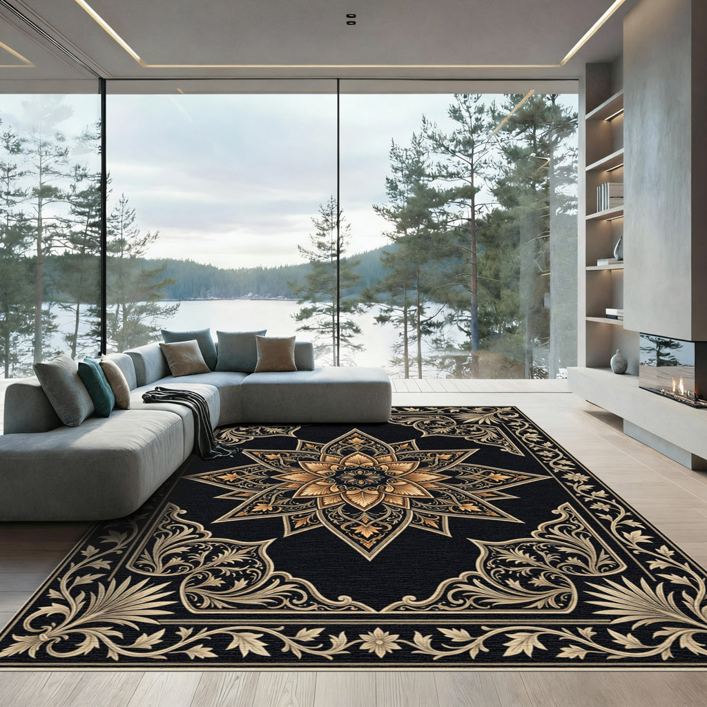 Ornate Gold Black Floral Medallion Rug